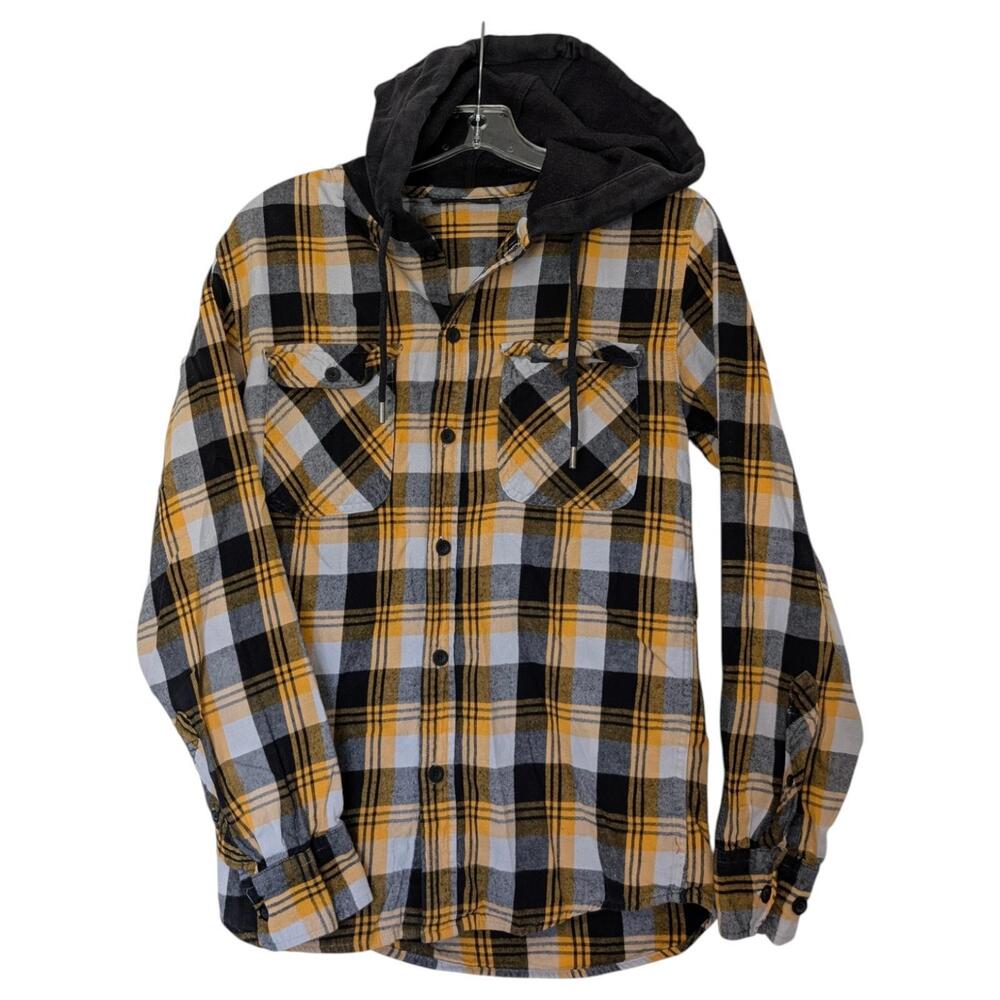 No Boundaries Shirt Mens‎ XS Yellow Black Gray Hooded Flannel Plaid Button Up